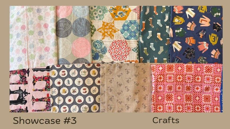Puede incluir: Una colecci&oacute;n de muestras de tela con varios patrones. Los dise&ntilde;os incluyen lunares, bolas de hilo, formas geom&eacute;tricas, calcetines, su&eacute;teres y m&aacute;quinas de coser. El texto "Showcase #3" y "Crafts" es visible en la parte inferior de la imagen.