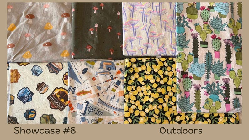 Puede incluir: Una colecci&oacute;n de muestras de tela con varios dise&ntilde;os. Los dise&ntilde;os incluyen setas, cactus, limones e ilustraciones tem&aacute;ticas de exteriores. El texto "Showcase #8" y "Outdoors" es visible en la parte inferior de la imagen.