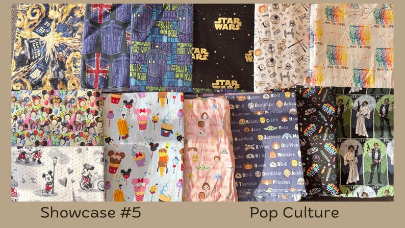 Puede incluir: Una colecci&oacute;n de muestras de tela con varios dise&ntilde;os de cultura pop. Los patrones incluyen Star Wars, Doctor Who, Mickey Mouse y otros temas de dibujos animados y pel&iacute;culas. Las telas son de varios colores, incluyendo negro, azul y blanco.