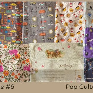 Puede incluir: Una colecci&oacute;n de muestras de tela con varios patrones. Los dise&ntilde;os incluyen instrumentos musicales, alimentos y arreglos florales. El texto "Showcase #6" y "Pop Culture" es visible en la parte inferior de la imagen.