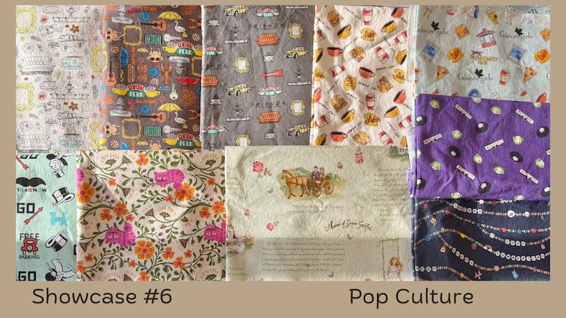 Puede incluir: Una colecci&oacute;n de muestras de tela con varios patrones. Los dise&ntilde;os incluyen instrumentos musicales, alimentos y arreglos florales. El texto "Showcase #6" y "Pop Culture" es visible en la parte inferior de la imagen.