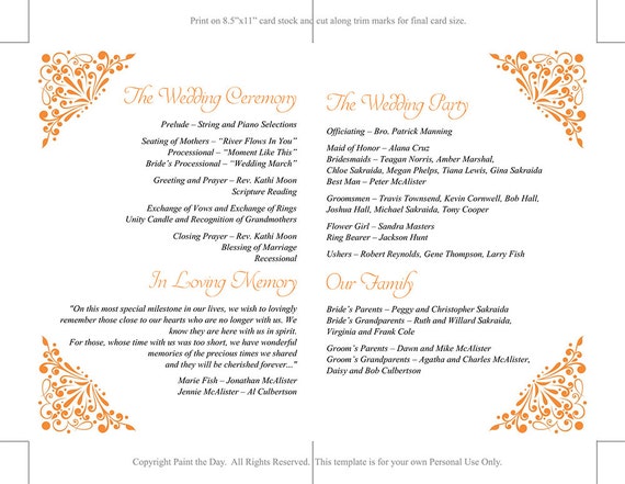 Fold Over Wedding Program Template Download Madison Tangerine