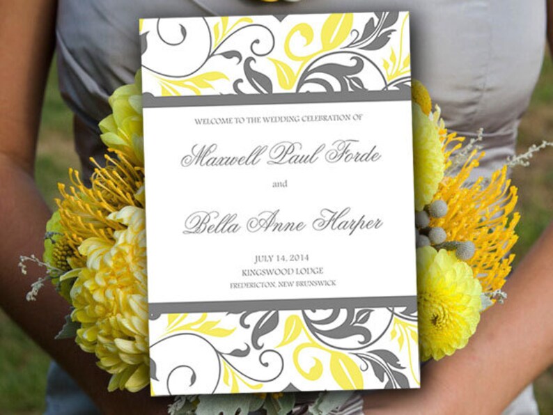 Half Fold Wedding Program Template Yellow Gray Wedding Fold Etsy