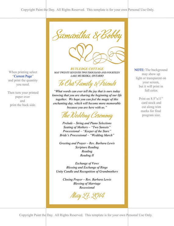 double heart wedding program microsoft word template gold etsy