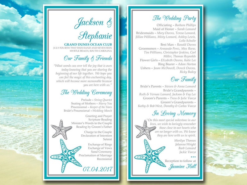 Beach Wedding Program Template Blissful Starfish Etsy