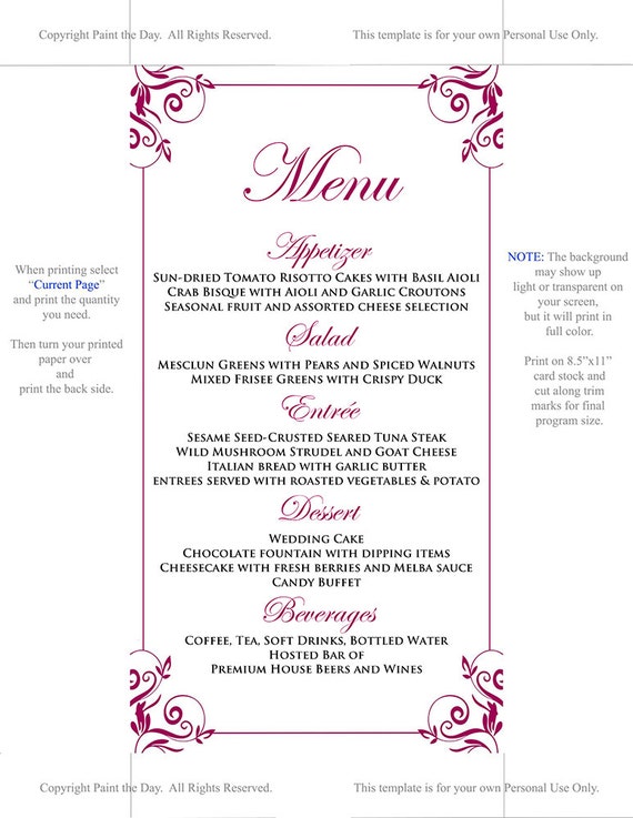 Sangria Entree Card DIY Wedding Menu Template Instant Download