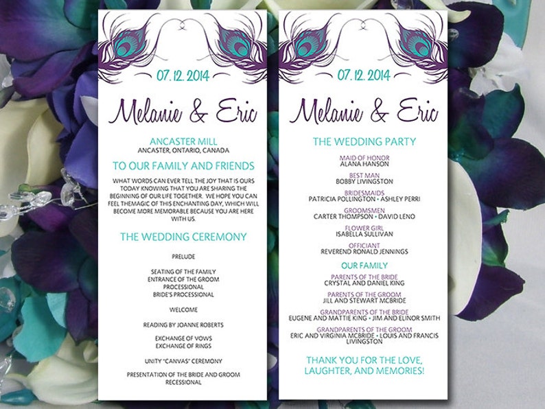 Peacock Wedding Program Template Download Teal Eggplant Etsy