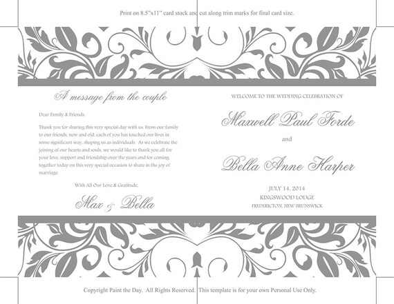 half fold wedding program template gray wedding fold over program half fold wedding programs