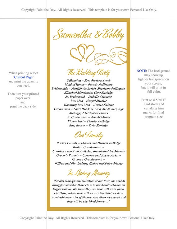 double heart wedding program microsoft word template gold etsy