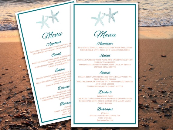starfish beach wedding menu card microsoft word template etsy