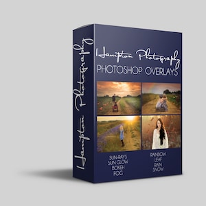 May include: A blue box with the text "Hampton Photography" and "Photoshop Overlays" on the front. The box features four images of different nature scenes with overlays, including sun rays, sun glow, bokeh, fog, rainbow, leaf, rain, and snow.