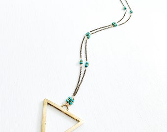 Triangle Brass pendant long necklace with a turquoise and brass beaded chain//boho style//statement jewelry//artisan jewelry//gifts for her