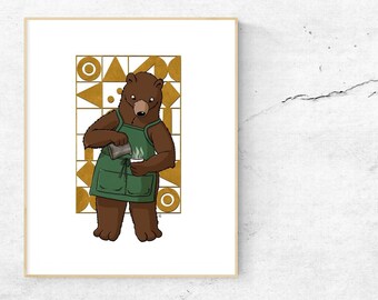 Bearista | Barista | Coffee Art |Barista Art | Coffee Shop Art | Bear Art | Bear Print | Animal Art | Animal Print | Digital Download | Bear