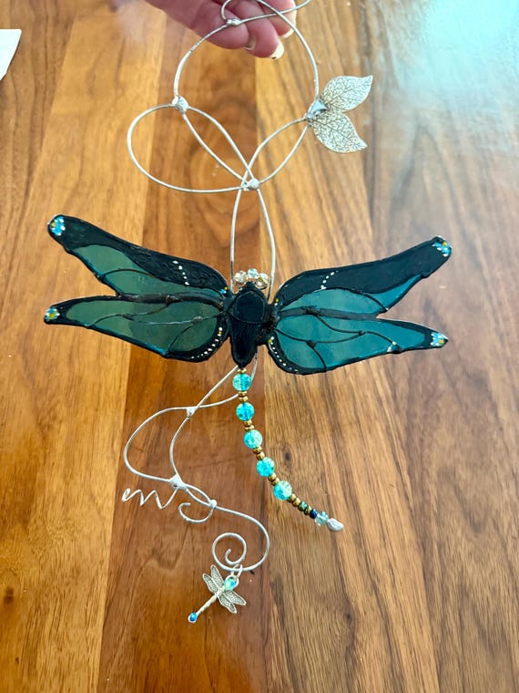 Handmade Stained Glass Dragonfly Suncatcher, Whimsical Window Hanging