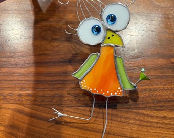 Bird, Stained Glass, Sun catcher, Glass bird, Crazy bird, Unique Gift, Silly Bird, Retro, Hippie Chick, Hipster, Party girl, party chick
