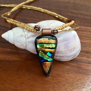 Glass Art Pendant, Glass Art, Fused Dichroic Pendant, Beaded Necklace, Christmas Gift, 18&quot; Length
