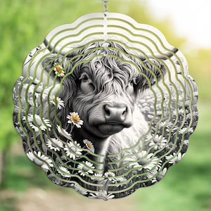 Black and White Highland Cow Daisies Spinner Sublimation Design Template, Wind Spinner PNG, Round Hanging Spinners, Instant Download
