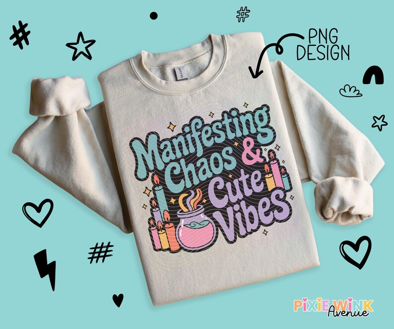 Cute Manifesting Chaos Graphic Sweatshirt, Colorful Witchy Vibes Crewneck, Casual Witch Aesthetic Pullover, Unisex Fashion Top