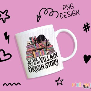 Coffee Mug with Book Stack Design, 'My Villain Origin Story' Quote, Literary Gift for Readers and Book Lovers
