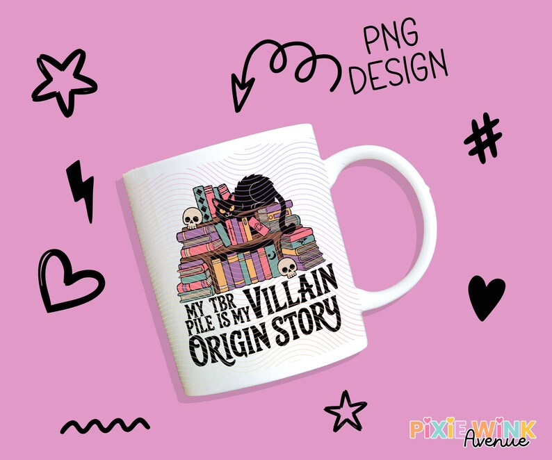 Coffee Mug with Book Stack Design, 'My Villain Origin Story' Quote, Literary Gift for Readers and Book Lovers