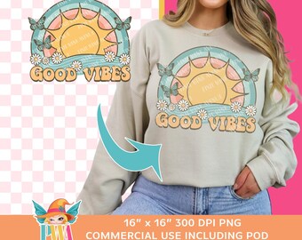 Diseño de sublimación de sol con buenas vibras, margarita arcoíris PNG (descarga digital)