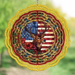 Hirsch mit amerikanischer Flagge Spinner Sublimationsdesign-Vorlage, Windspiel PNG, runde hängende Spinner, Sofort-Download