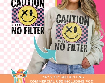 Varning utan filter Smiley PNG, Schackrutigt sublimeringsdesign (digital nedladdning)
