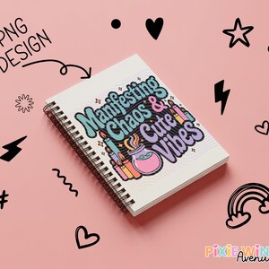 Manifesting Chaos Cute Vibes Spiral Notebook, Trendy Graphic Design Planner, Student Gift Idea