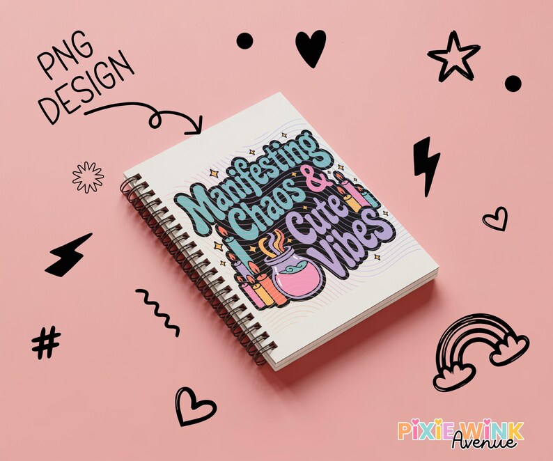 Manifesting Chaos Cute Vibes Spiral Notebook, Trendy Graphic Design Planner, Student Gift Idea