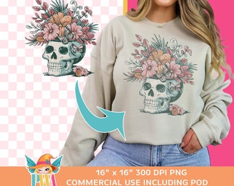 Motif floral sublimation squelette, crâne gothique PNG (téléchargement numérique)