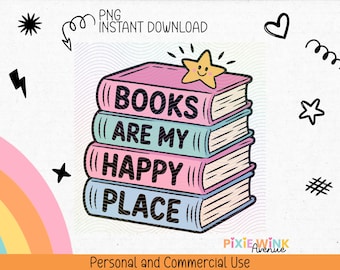 Books Are My Happy Place Sticker, Pastel Bookshelf PNG (Digital Download)