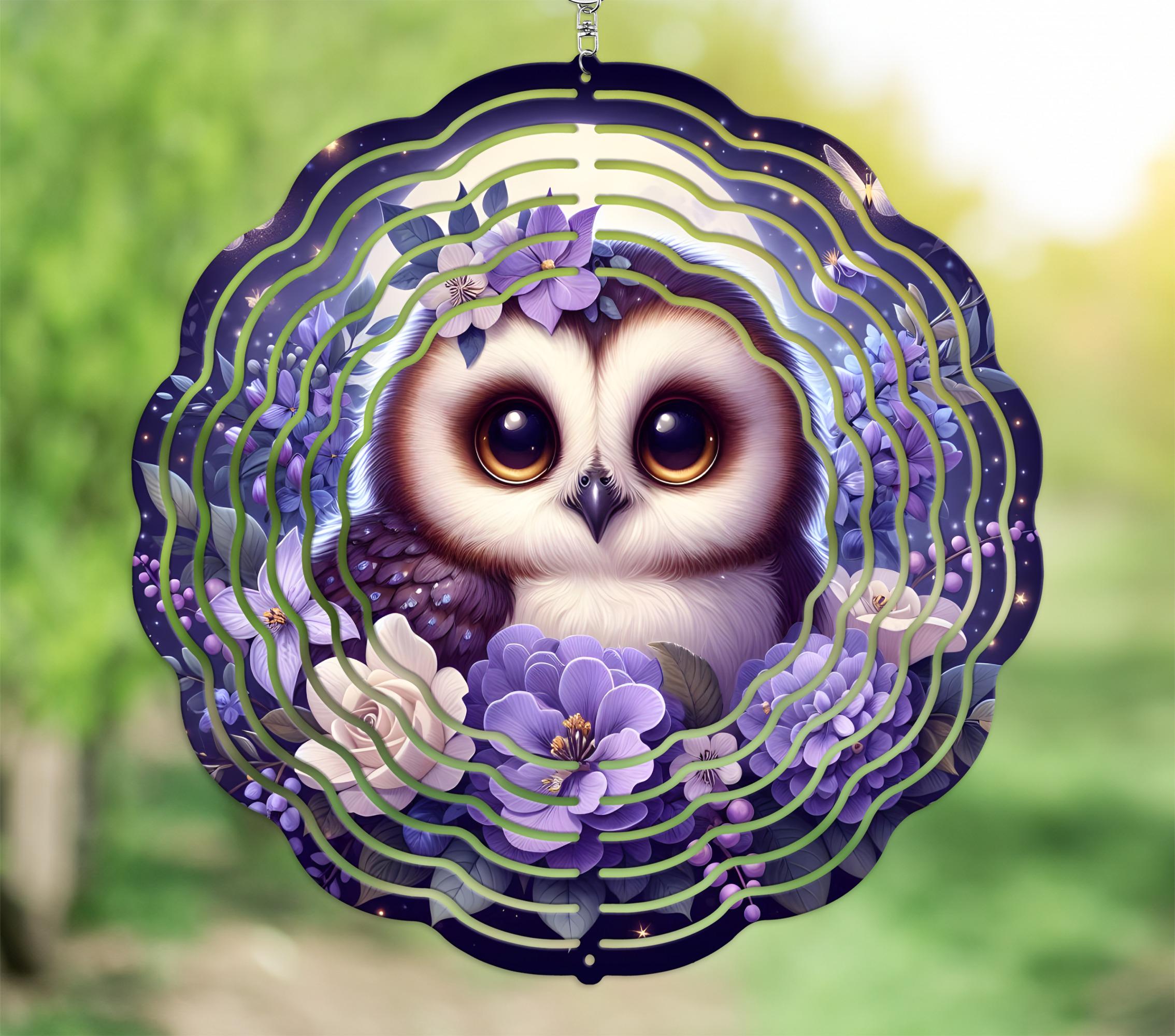 Moonlit Baby Owl PNG with Lavender Flowers for Wind Spinner Sublimation, Night Woodland Animal Clipa