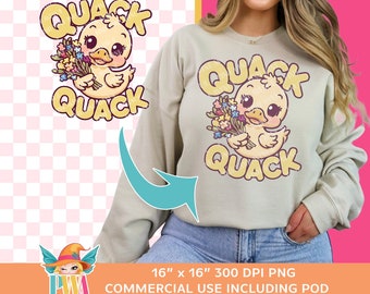 Lindo pato con flores PNG, diseño de sublimación infantil (descarga digital)