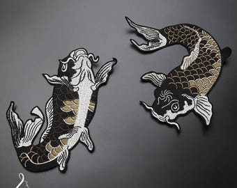 big Koi Nishikigoi black brown gray grey and white goldfish embroidery patch