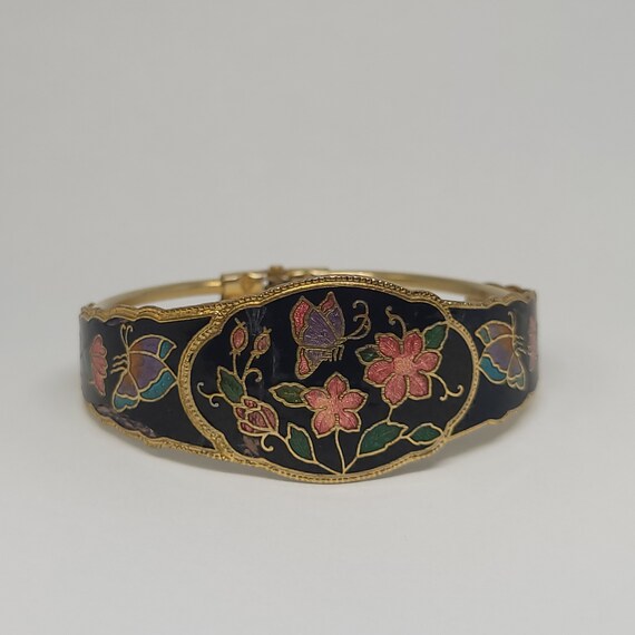 Vintage Bracelet Black Cloissone Butterfly Floral… - image 4