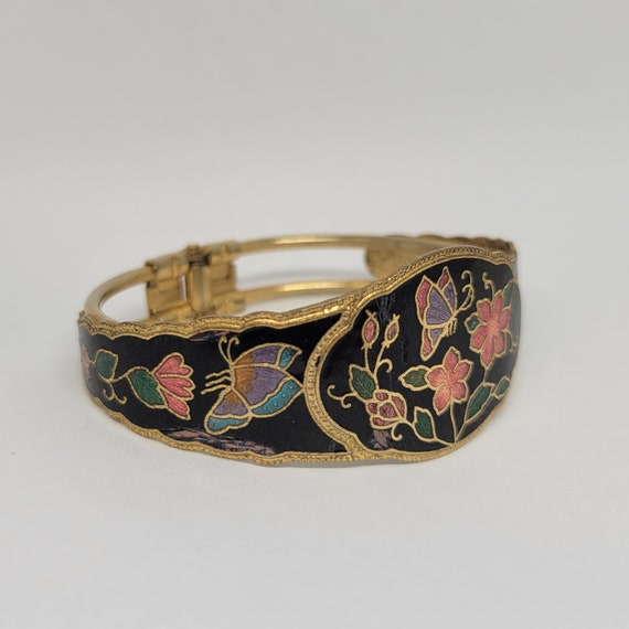 Vintage Bracelet Black Cloissone Butterfly Floral… - image 7