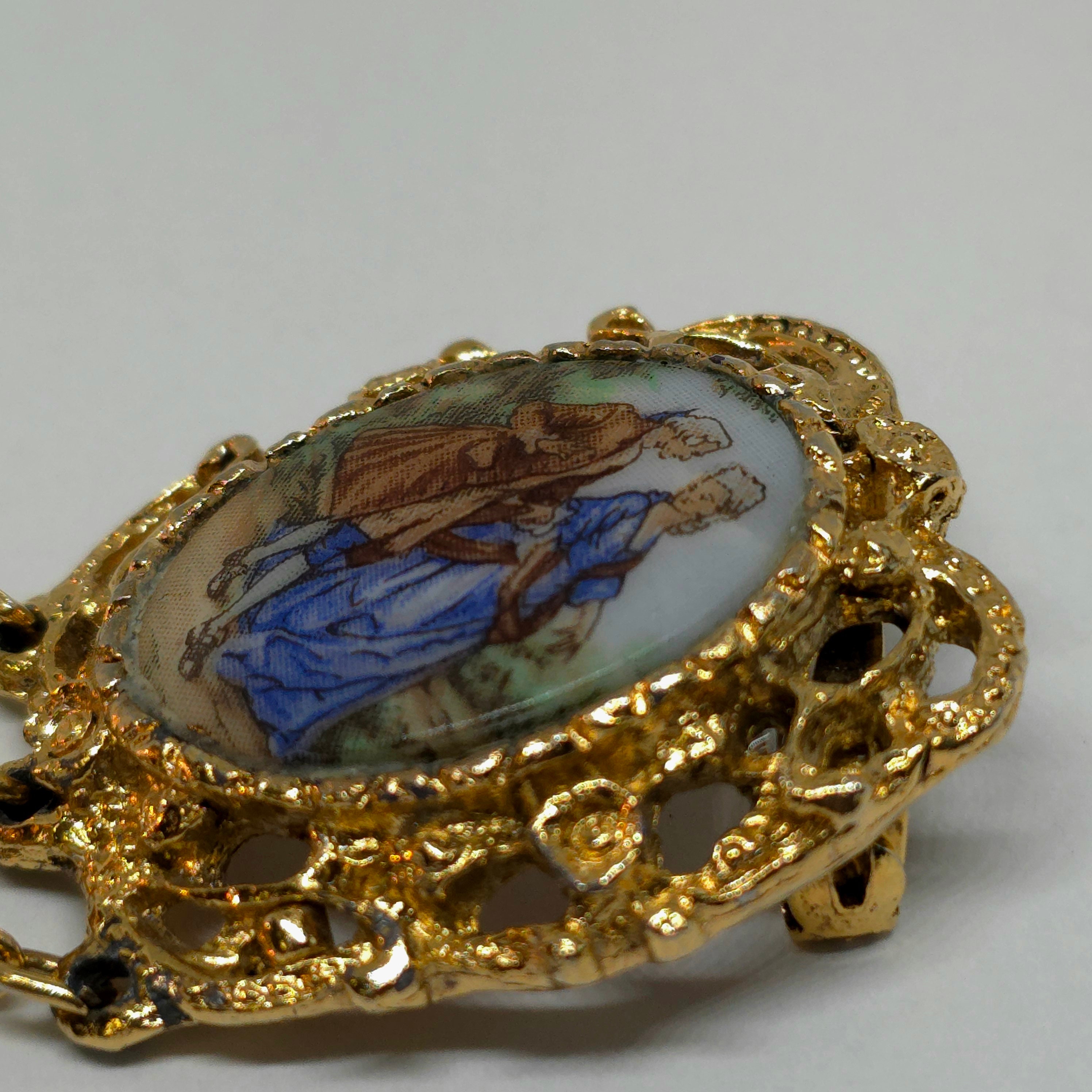 Broche Ancienne Porcelaine Limoges Amoureux - Monture Laiton Doré, Occasion Vintage