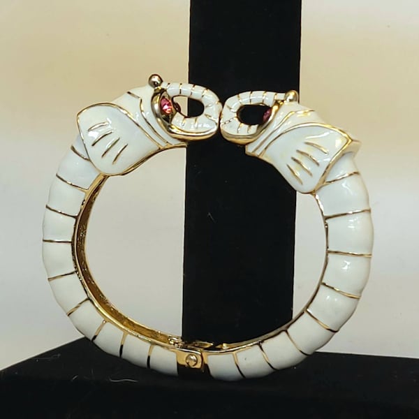 vintage elephant bracelet hinged cuff bangle gold and white elephant bracelet with pink rhinestones