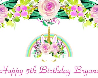Personalized Unicorn Themed Floral Birthday Party Big Vinyl Banner Backdrop Sign Decoration