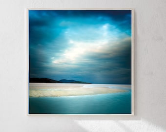 Isle of Harris extra large teal wall art: Oversized Teal living room decor, Square print, Above bed art, Skye Blue Gallery