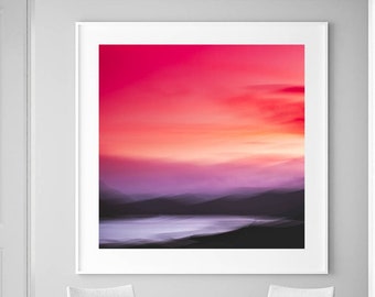 Large Coastal Art, Red, Hot Pink Wall Art, Colourful Wall Art, Large Beach Art, Red Abstract, Square Art Print