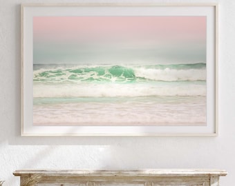 Oversized blush pink wall art print, extra large wall art, Teal wall art, Large pink seascape canvas, Over the bed wall art