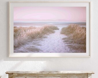 Blush Pink beach print, Feminine Pink beige canvas, Oversized wall art, pink bedroom art, Extra large pink art prints, Pink canvas art