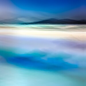 May include: Abstract painting depicting a beach scene with a blue sky, white sand, and turquoise water. The image is blurred, creating a dreamy and ethereal effect.
