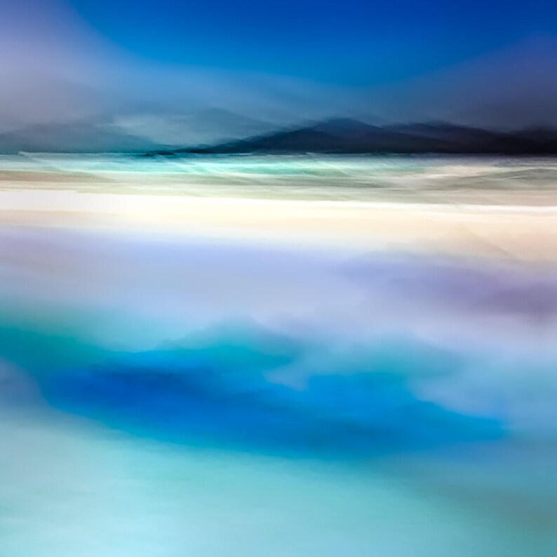 May include: Abstract painting depicting a beach scene with a blue sky, white sand, and turquoise water. The image is blurred, creating a dreamy and ethereal effect.