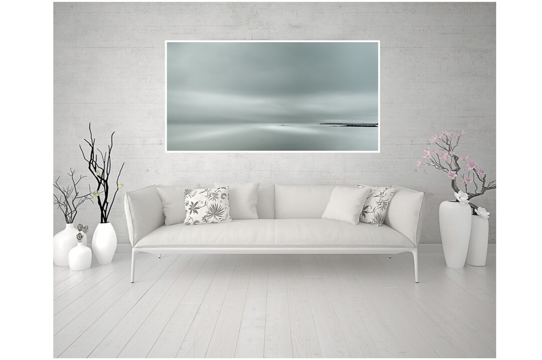 Panoramic Grey Blue Wall Art Minimalist Landscape Large Misty Water