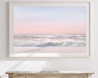 Blush pink beach print pink and white wall decor, Oversized wall art, pink bedroom art, Extra large pink art prints, Pink canvas art