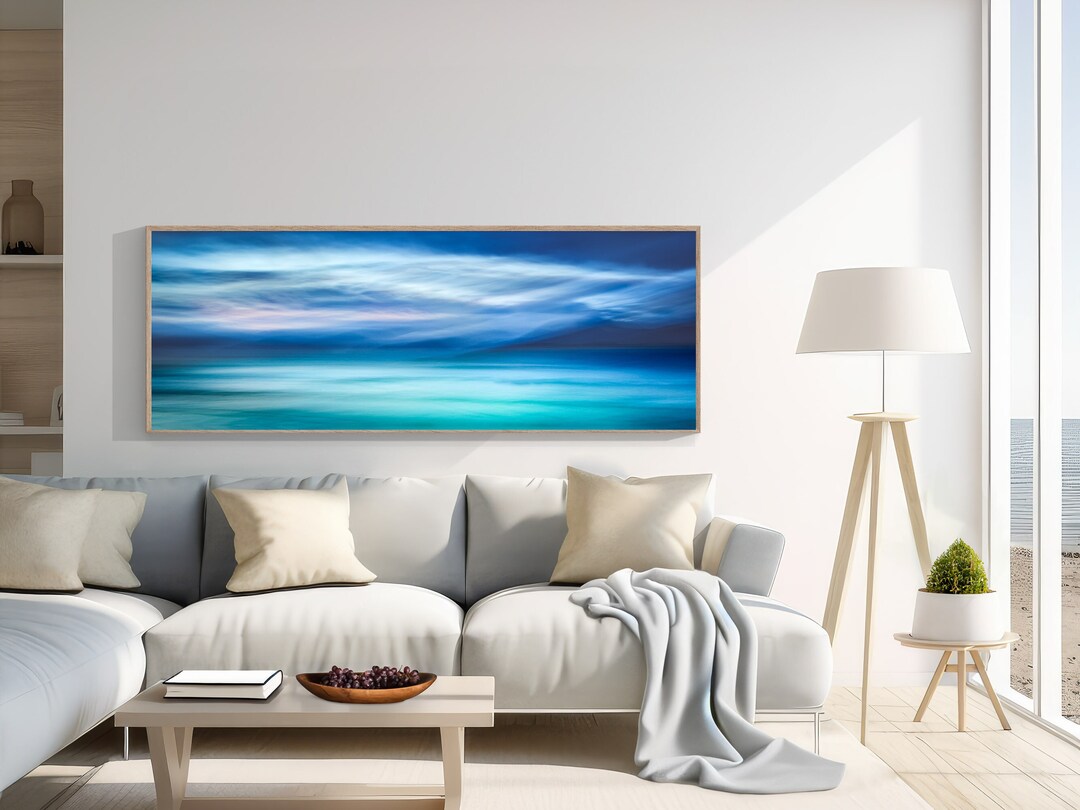 Extra Large Teal Wall Art for Above the Sofa, Panoramic Over Bed Art
