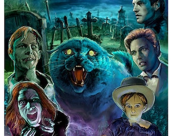 Lámina artística de Cementerio de animales: Gato en el cementerio y escena de terror, de Scott Jackson, 3 tamaños