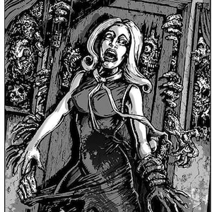 May include: Black and white illustration of a woman with long hair screaming as she is surrounded by clawing hands reaching out from a doorway.